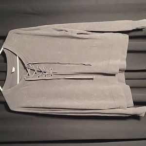 Mudd Jrs Large Distressed Front Tie Sweater Long Sleeve Top Gray Brown